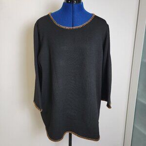 Susan Graver Weekend Womens Long Sleeve Black Brown Crochet Trim Sweater 2X